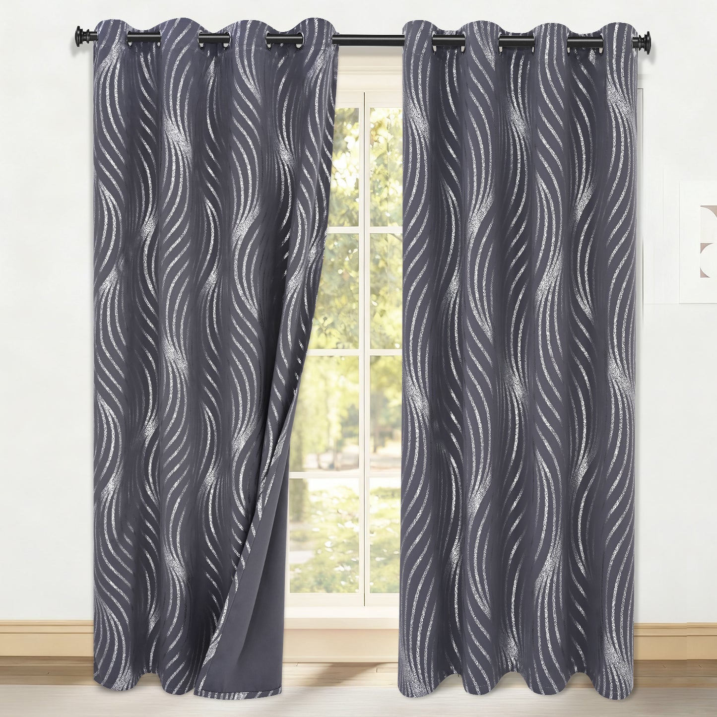 Alishomtll Dark Gray Blackout Curtains for Living Room ,Modern Metallic Silver Wave Pattern Bedroom Thermal Insulated Drapes ,2 Panel Set,52"x84"