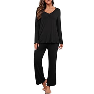 Mecto Women's V-Neck Long Sleeve Pajama Set 2-Piece Soft Regular Fit Sleepwear Casual Loungewear Comfort Nightwear PJ Set