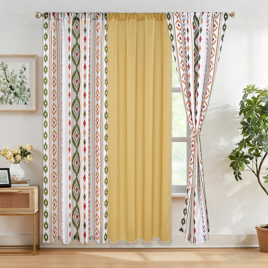 Invoibler Set of 3 Boho Curtains,60-65% Room Darkening Curtain，Window Drapes,3 Panel,Yellow-green&White