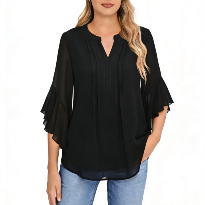 Gingprous Chiffon V-neck Blouse for Women Ruffed 3/4 Sleeve Tops Baggy Casual Business Blouse