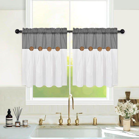 Alishomtll Farmhouse White Solid Print Rustic Rod Pocket Light Filtering Curtain Set, 26" x 24" (2 Panels),Gray White