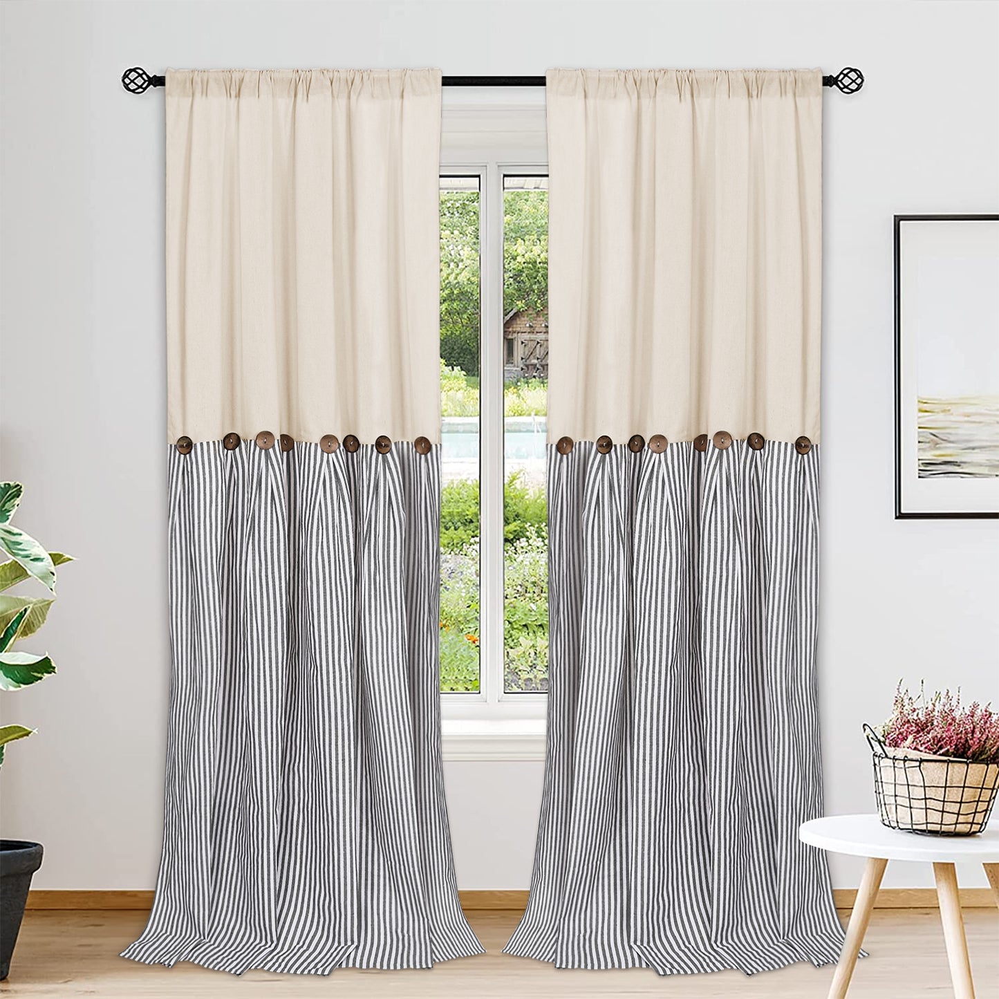 Alishomtll Farmhouse Curtains Natural Stripe Cotton Linen Button Boho Rustic Rod Pocket Back Tab Window Drapes for Living Room , 2 Panels