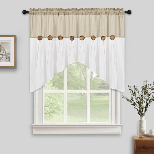 Alishomtll Linen Valance Farmhouse Boho Button Kitchen Curtains ,Rod Pocket,36"L x 52"W, Linen White