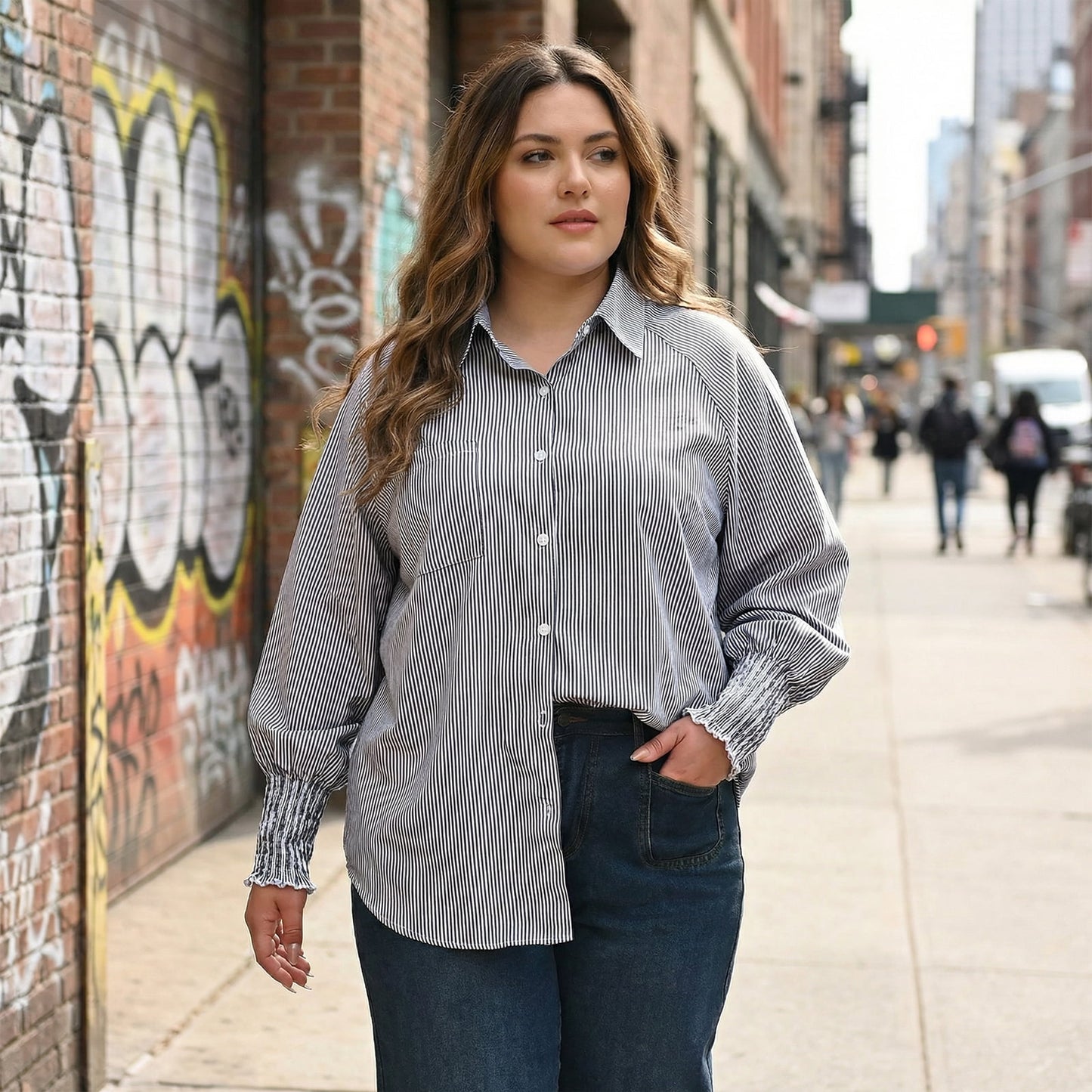 Gingprous Casual Button Down Shirt for Women Long Sleeve Oversized Striped Shirt with Pocket Smocked Cuffed Boyfriend Shirt