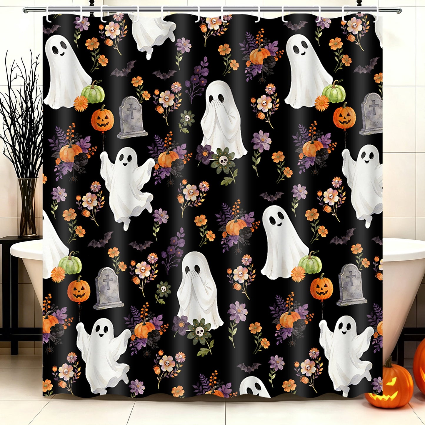 FRAMICS Halloween Cute Ghost Shower Curtain Sets with Rugs, 16-Piece Spooky Floral Pumpkin Bathroom Sets with Hooks, Waterproof Fabric Bathroom Decor 72" x 72"