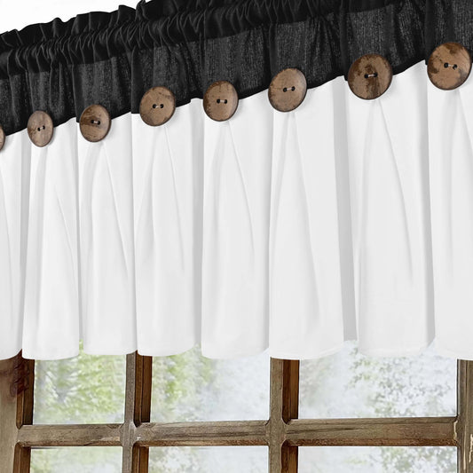 Alishomtll Linen Valance Farmhouse Boho Button Kitchen Curtains ,Rod Pocket,18"L x 52"W, Black White