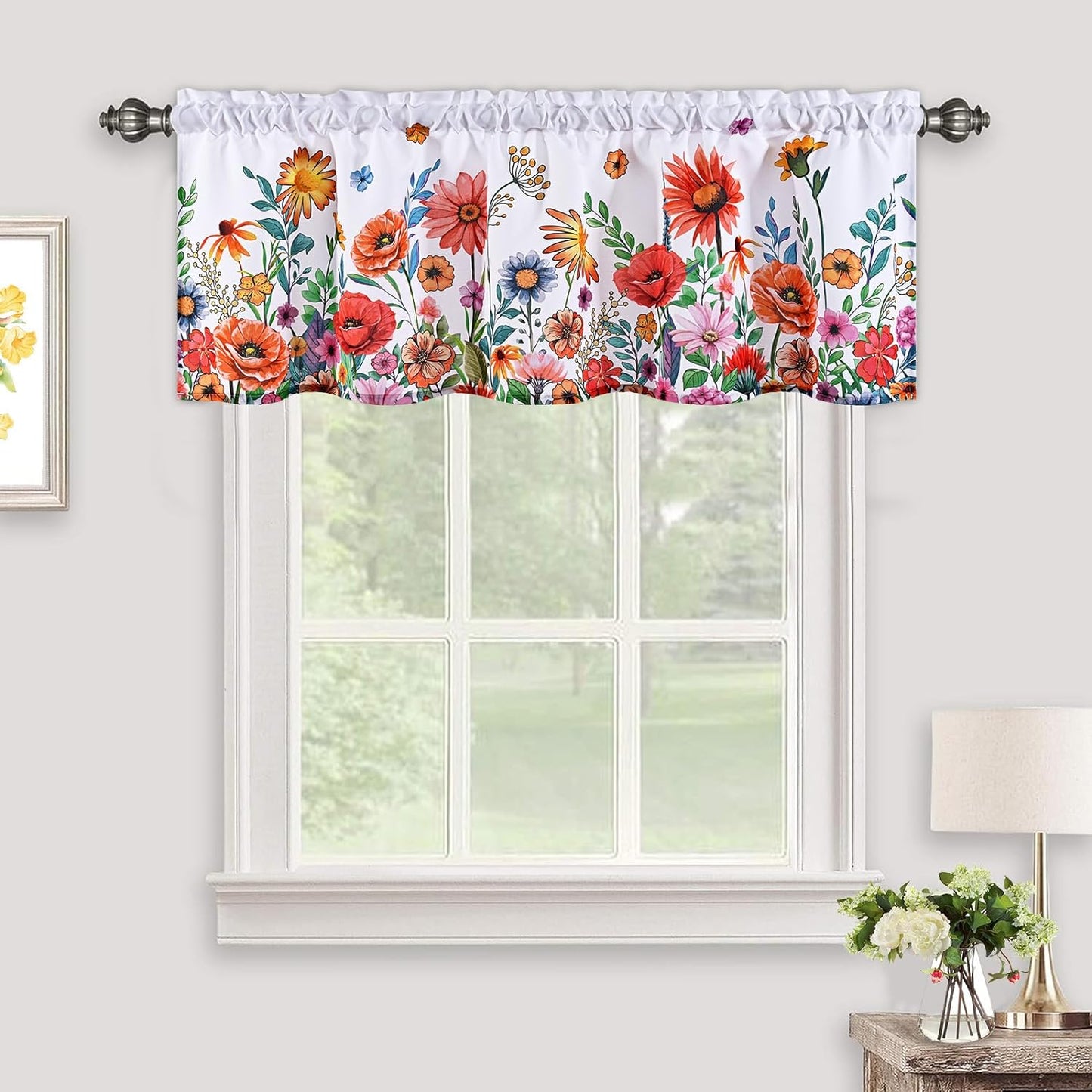 Alishomtll Valance Curtains Blossom Floral Print Window Curtain Valance Rod Pocket, 52W" x 18L",White