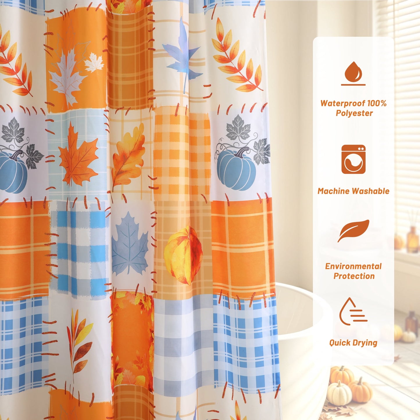 FRAMICS Thanksgiving Plaid Pumpkin Shower Curtain Sets with Rugs, 16-Piece Fall Leaves Bathroom Sets with Hooks, Waterproof Fabric Orange Blue Bathroom Decor Set
