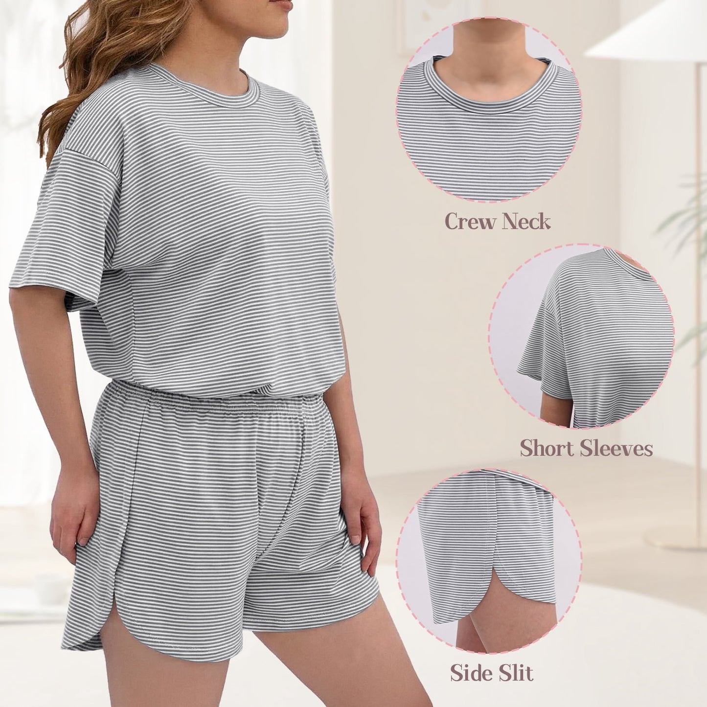 MecTo Women's Classic Striped Pajama Set - Short Sleeve Round-Neck Sleepwear with Side-Slit Shorts