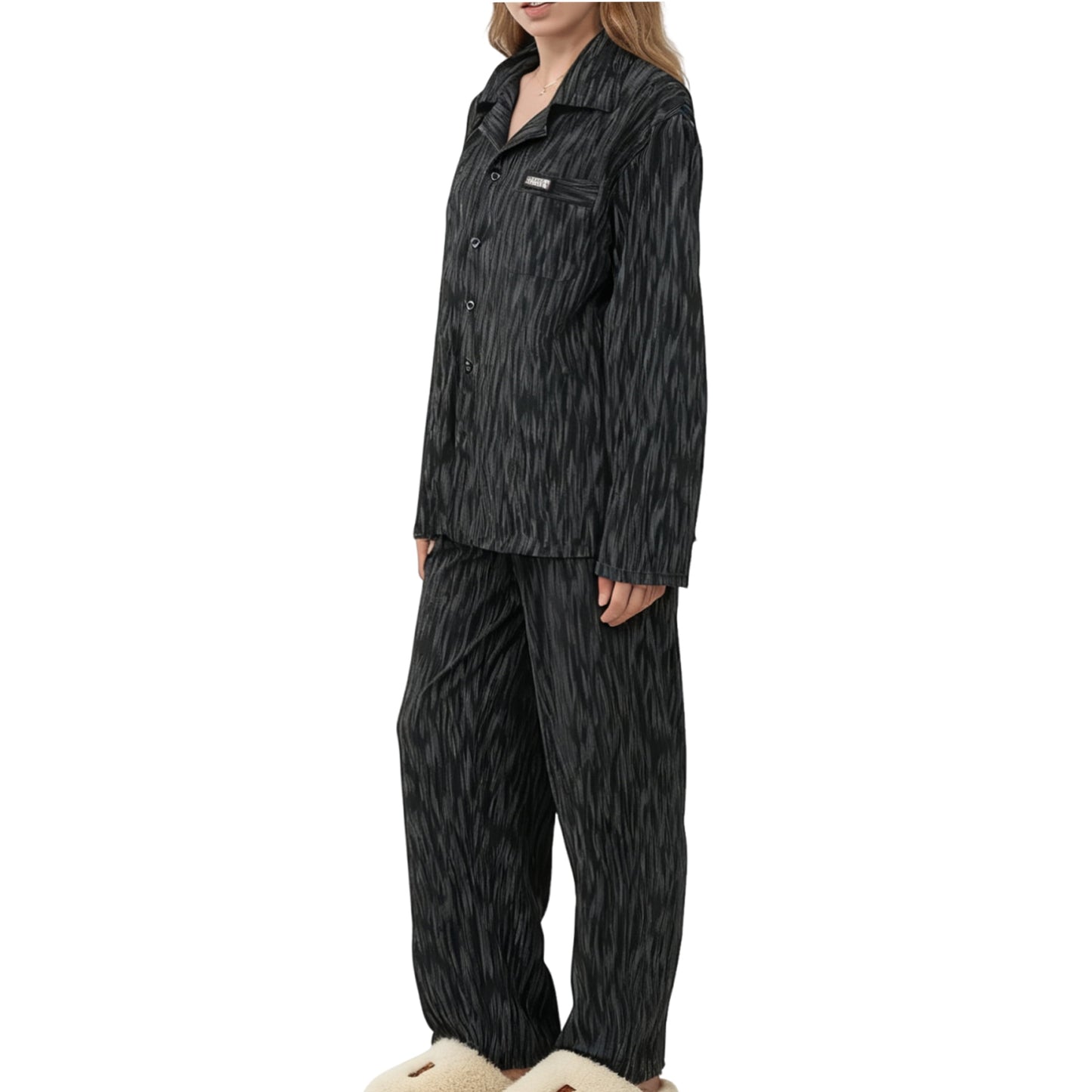 Mecto Women's Pajamas Sets Dark Texture Pattern Black Long Sleeves Shirt with and Pants Two Piece Lady PJ Set
