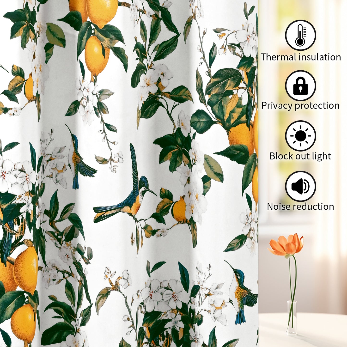 Alishomtll Floral Lemon Hummingbird Blackout Curtains Room Darkening Grommet Window Drapes for Living Room , 52"x63", ,Set of 2 Panels,White