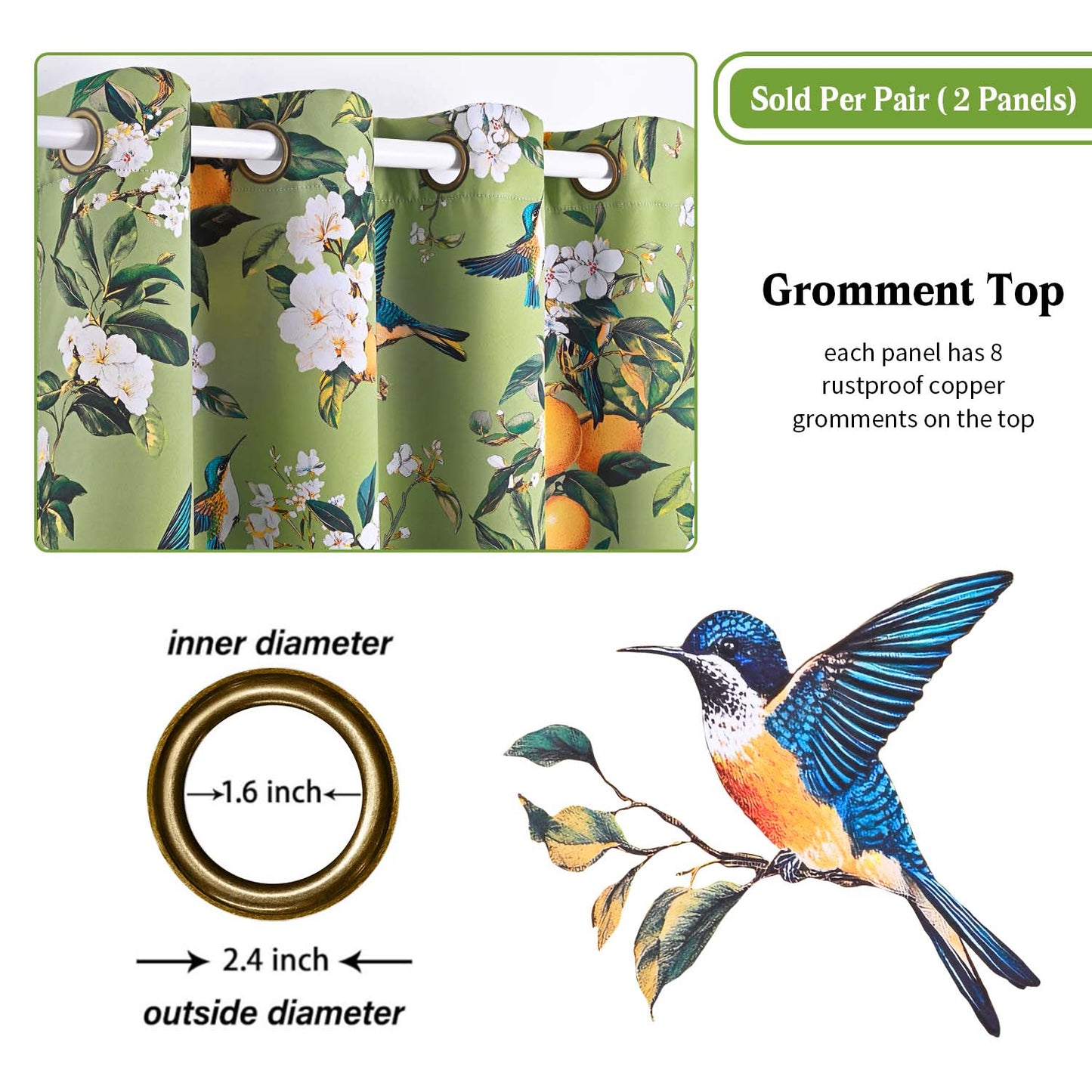 Alishomtll Floral Lemon Hummingbird Blackout Curtains Room Darkening Grommet Window Drapes for Living Room , 52" x63", ,Set of 2 Panels,Sage Green