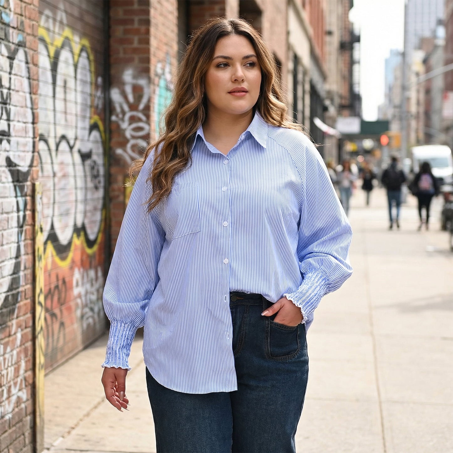 Gingprous Casual Button Down Shirt for Women Long Sleeve Oversized Striped Shirt with Pocket Smocked Cuffed Boyfriend Shirt
