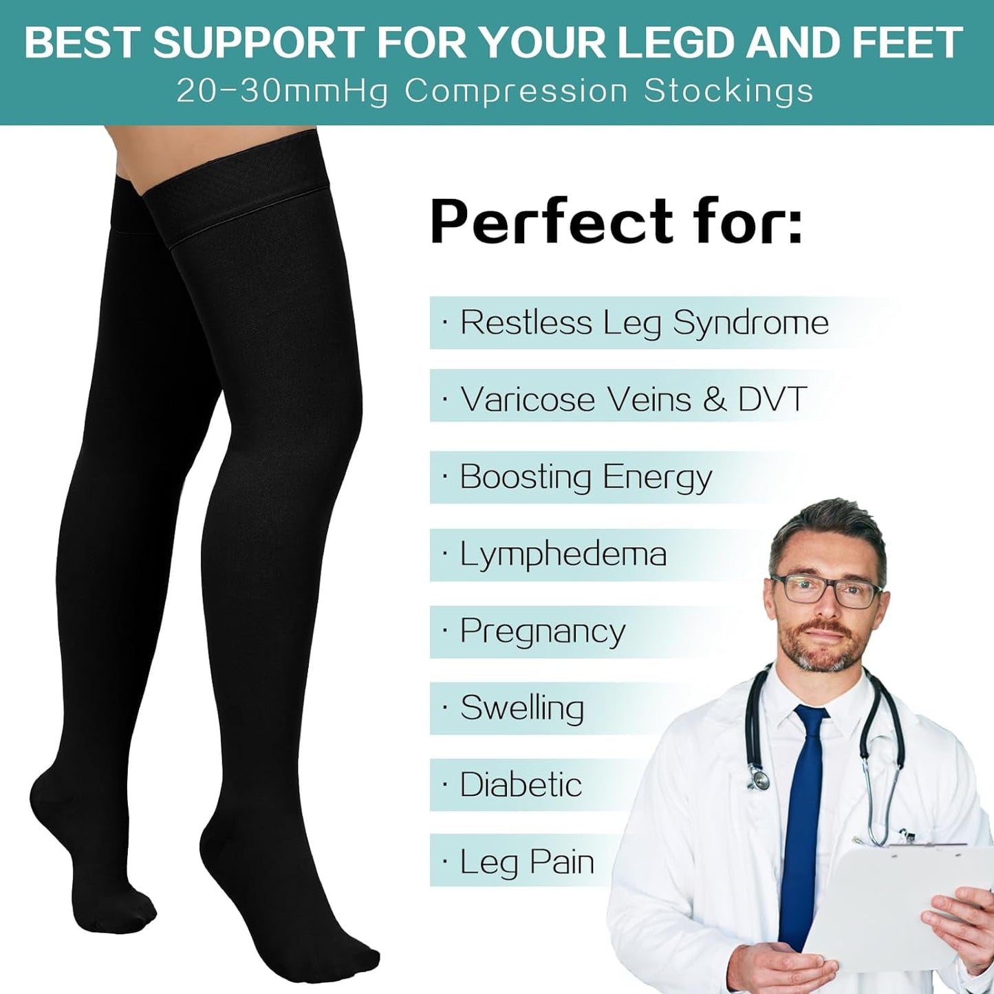 Wukang 2 Pairs Compression Stockings for Women & Men,20-30mmHg Thigh High Compression Socks,Closed Toe Medical Compression Socks with Silicone Dot Band